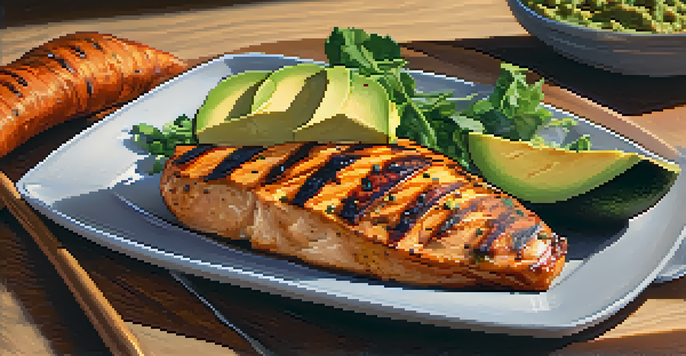A colorful plate with grilled chicken, roasted sweet potatoes, and avocado on a wooden table with soft natural lighting.