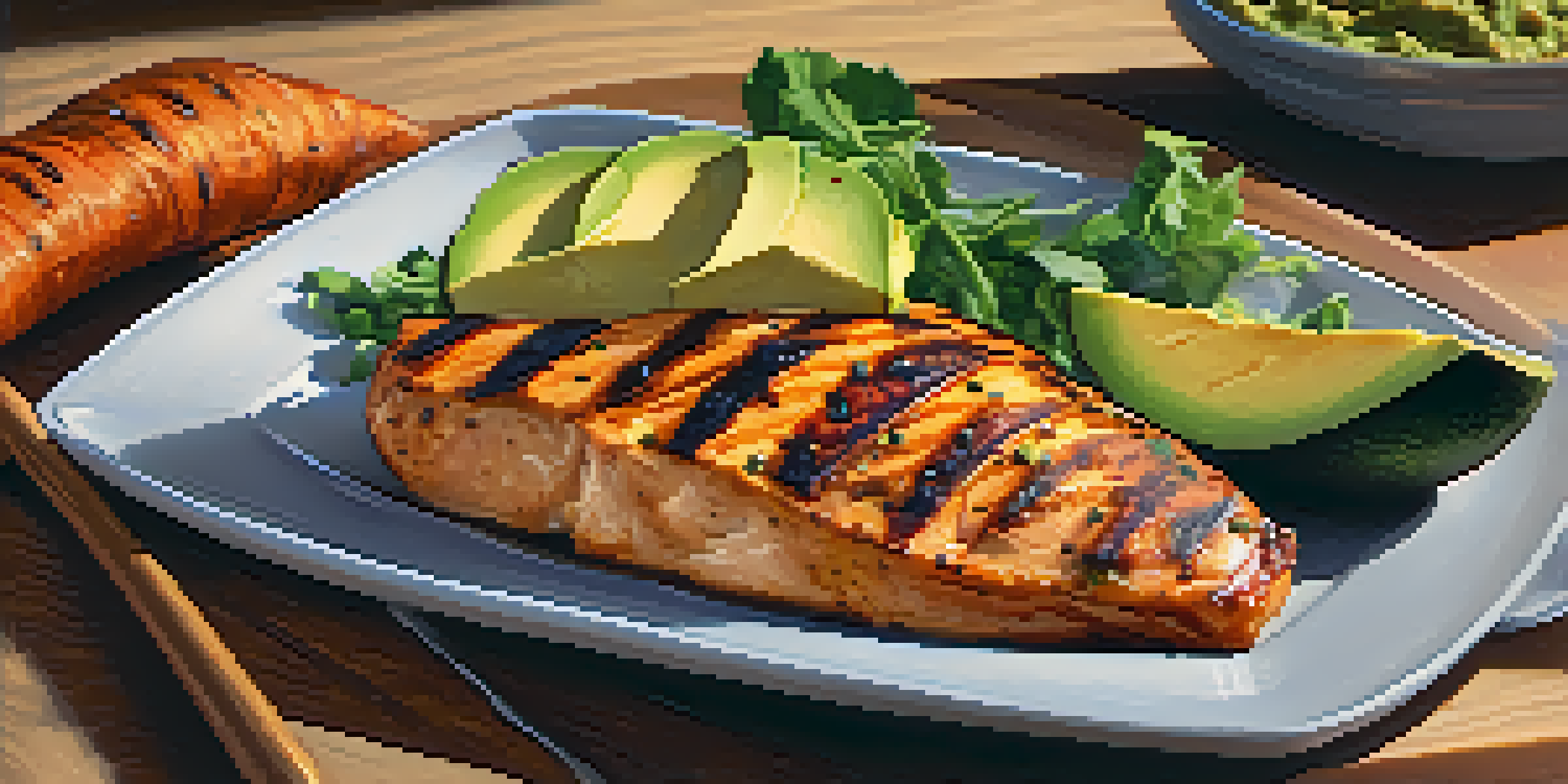 A colorful plate with grilled chicken, roasted sweet potatoes, and avocado on a wooden table with soft natural lighting.