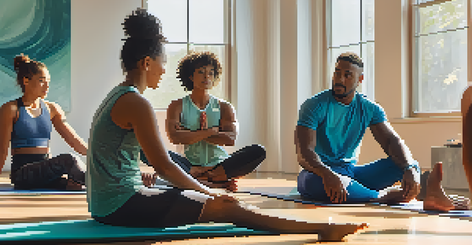 A group of diverse athletes sitting in a supportive circle during rehabilitation, sharing experiences with warm expressions.