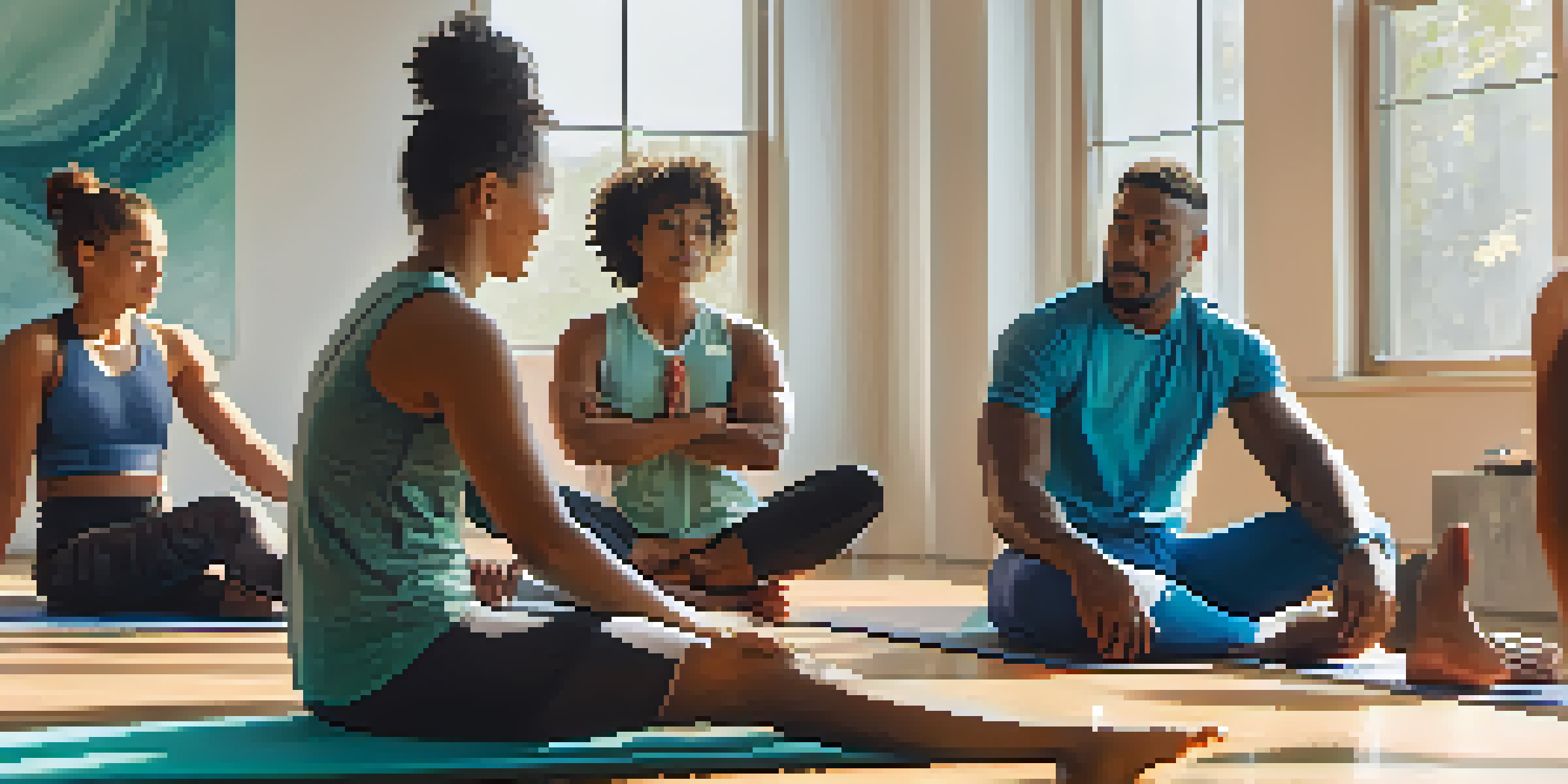 A group of diverse athletes sitting in a supportive circle during rehabilitation, sharing experiences with warm expressions.