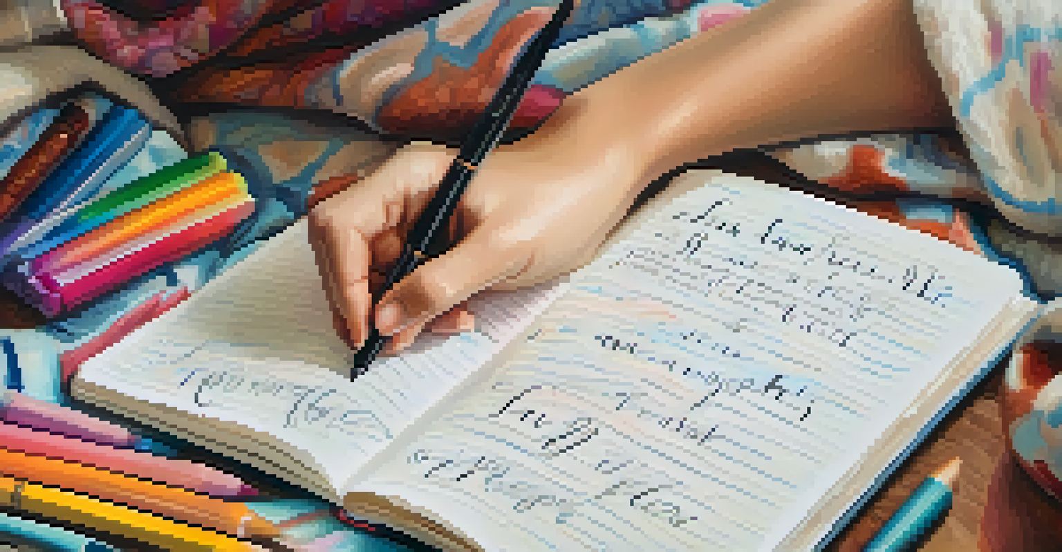 A close-up of hands journaling the words 'I am enough', surrounded by colorful pens on a soft blanket.