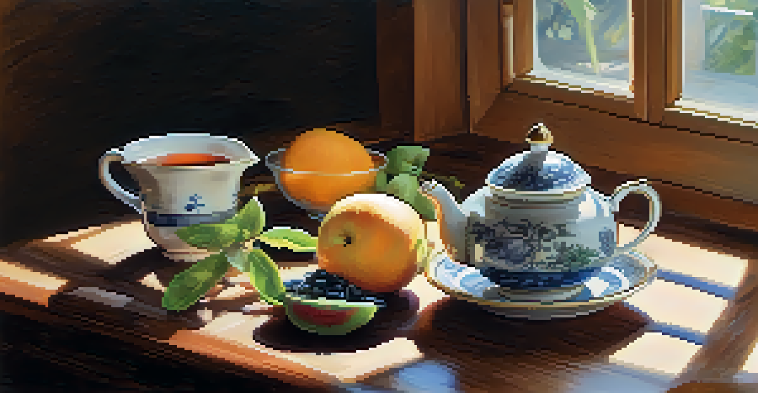 A steaming cup of herbal tea on a wooden table, accompanied by fresh fruits in soft natural light.