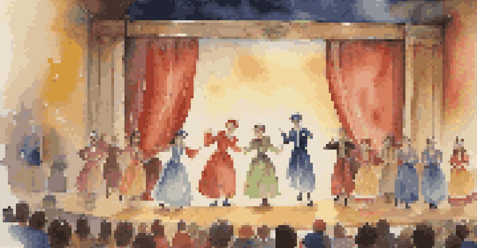 Students in costumes performing on stage, with a supportive audience watching and colorful scenery in the background.