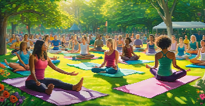 A diverse group of people practicing yoga in a sunny park surrounded by greenery and a community garden.