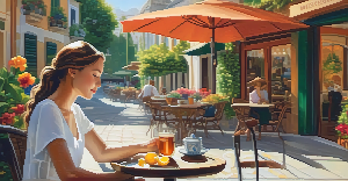 A woman at an outdoor café enjoying ginger tea, surrounded by greenery and flowers.