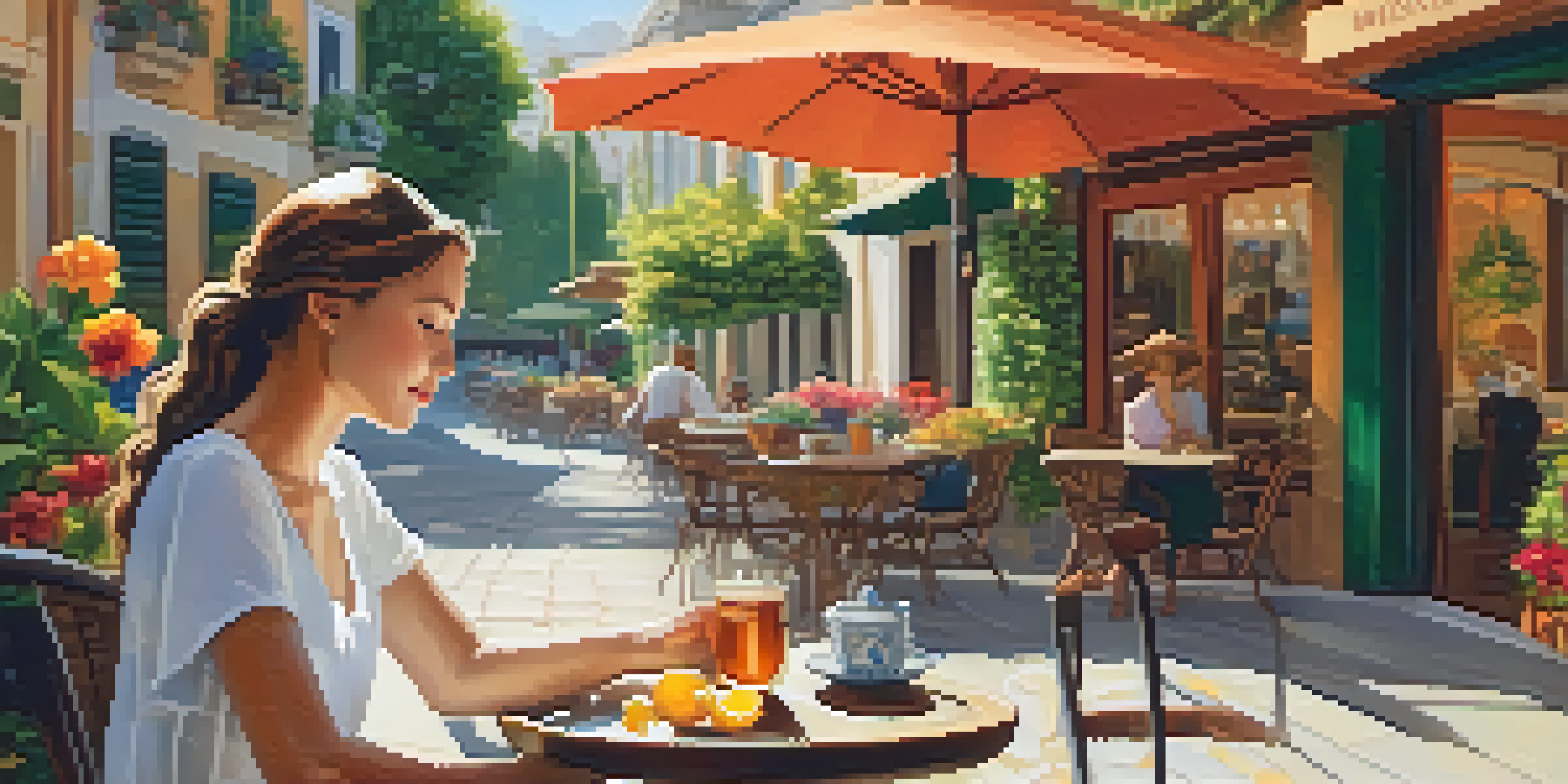 A woman at an outdoor café enjoying ginger tea, surrounded by greenery and flowers.