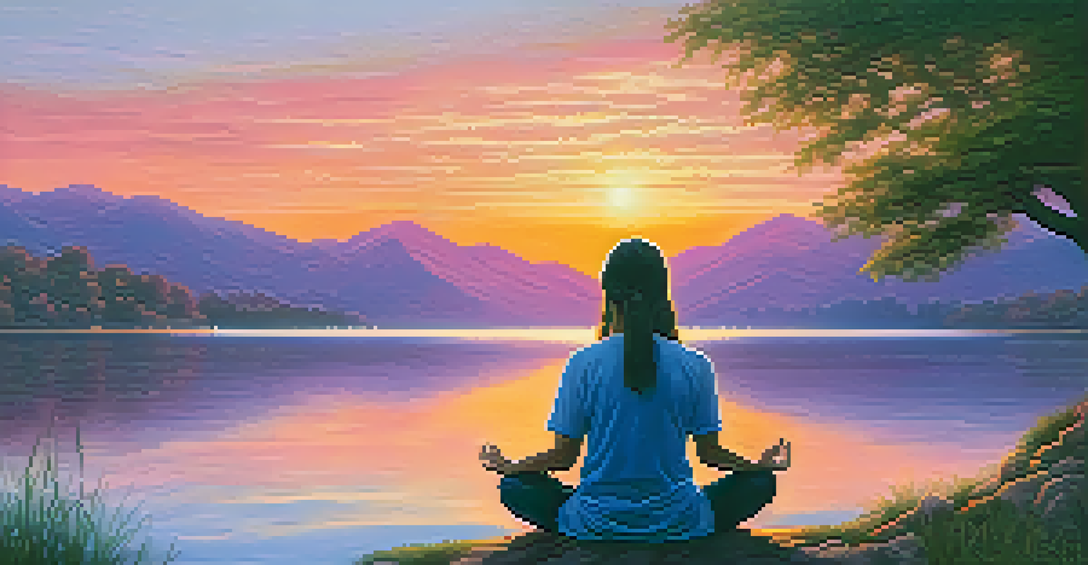 A person meditating by a tranquil lake at sunset, surrounded by nature, embodying calmness and spirituality.