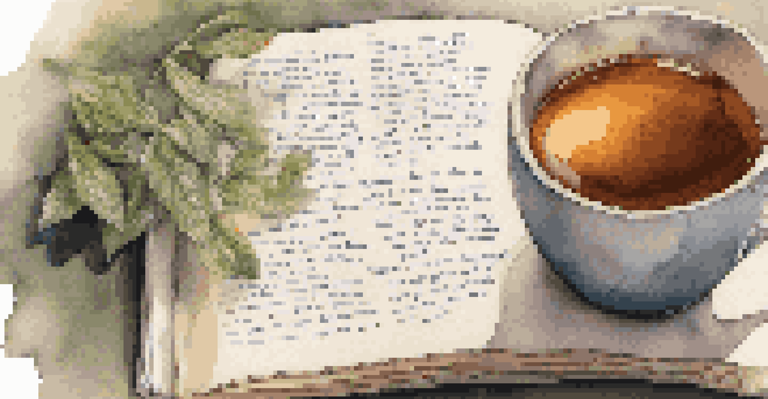 A hand writing in a journal with motivational quotes, accompanied by a cup of herbal tea.