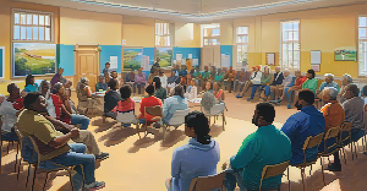 Community members gathered in a local hall discussing crisis response efforts, showcasing diversity and engagement.
