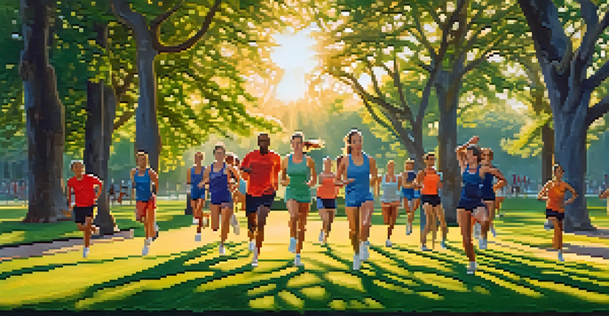 A group of athletes warming up with dynamic exercises in a sunny park, surrounded by greenery and blue skies.