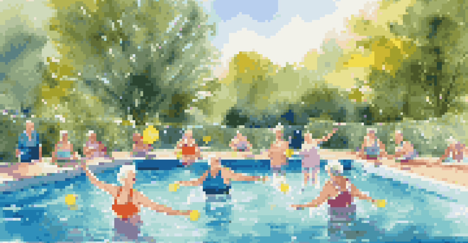 Seniors enjoying a water aerobics class in a bright, sunny outdoor pool.