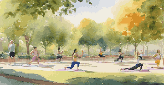 A diverse group of people exercising in a sunlit park, including a woman doing yoga, a man running, and another lifting weights.