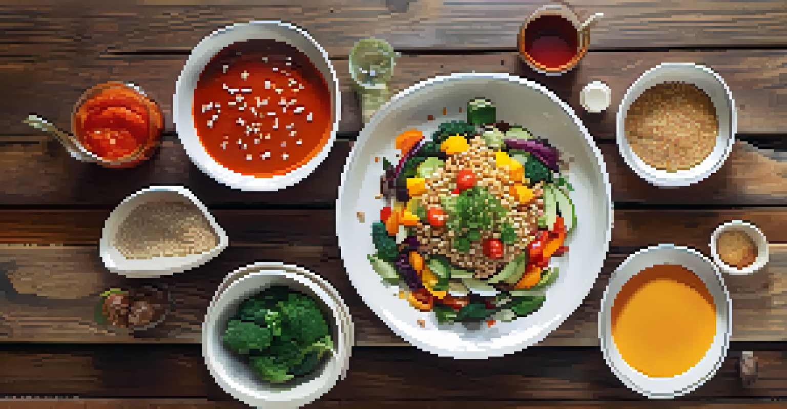 A colorful plate of healthy food arranged on a rustic wooden table, illuminated by soft natural light.