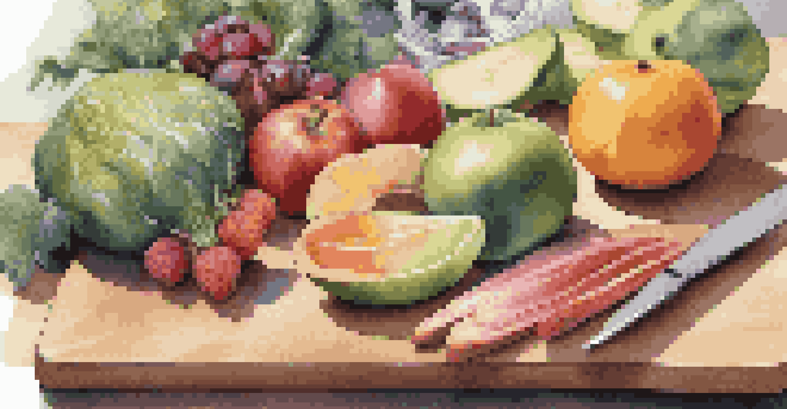 A close-up of a healthy meal preparation with colorful fruits, vegetables, and lean proteins on a cutting board.