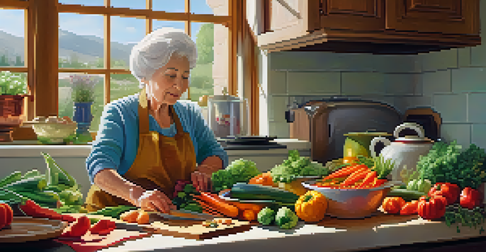 An elderly woman cooking a vegetable stew in a warmly lit kitchen, surrounded by fresh vegetables and herbs.
