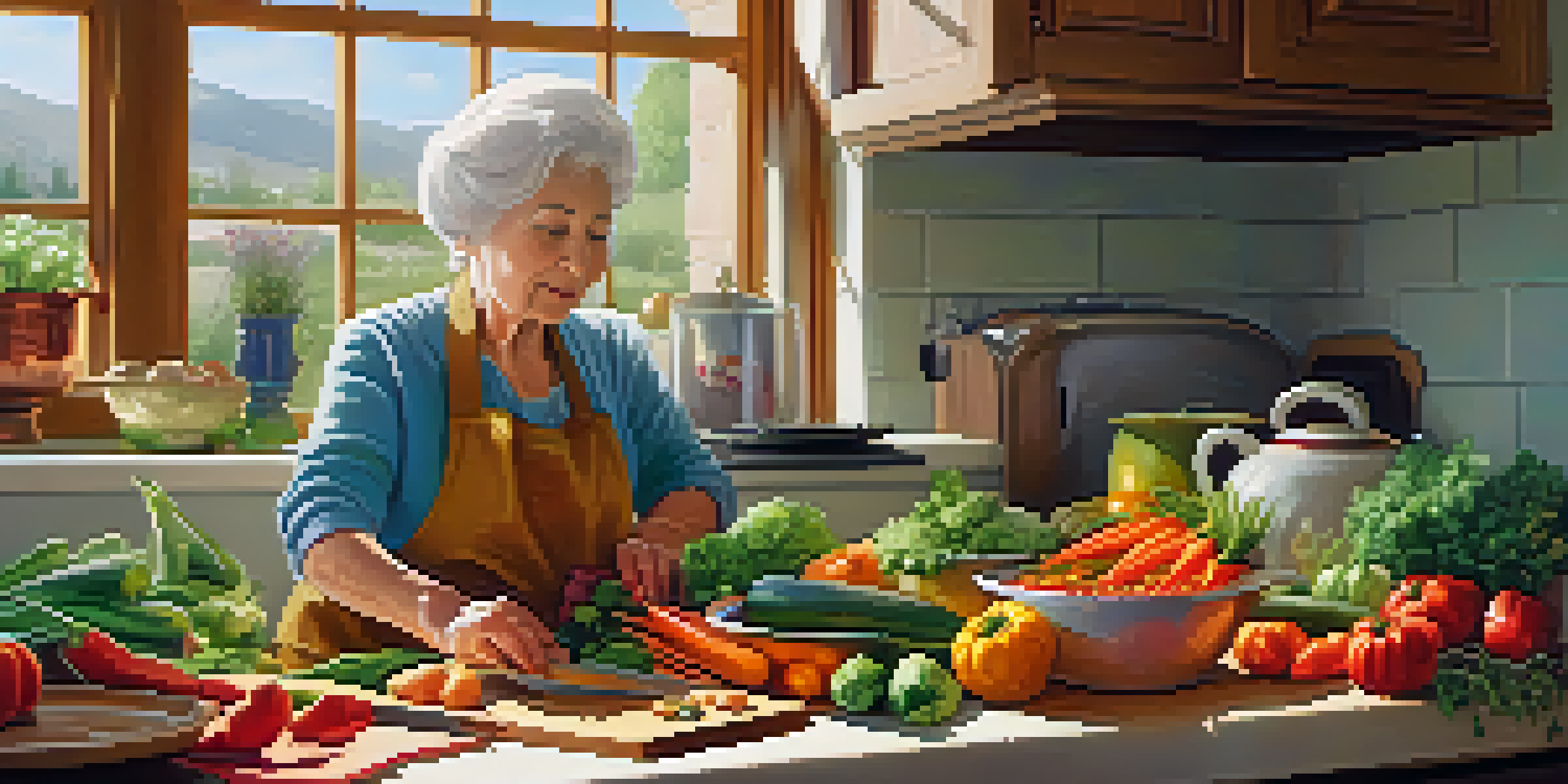 An elderly woman cooking a vegetable stew in a warmly lit kitchen, surrounded by fresh vegetables and herbs.