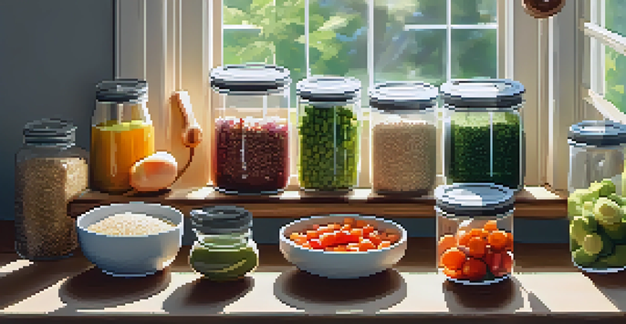 A vibrant and organized meal prep station with healthy ingredients in clear containers, illuminated by sunlight.