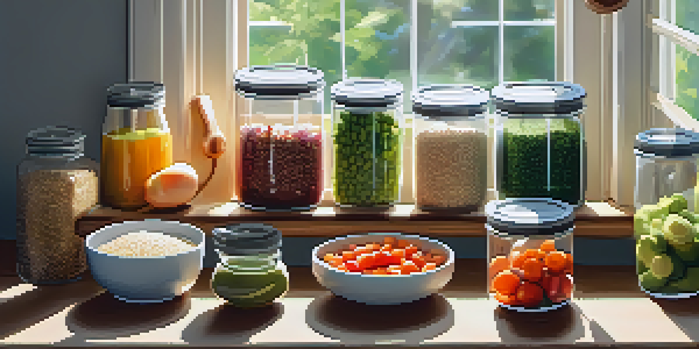 A vibrant and organized meal prep station with healthy ingredients in clear containers, illuminated by sunlight.