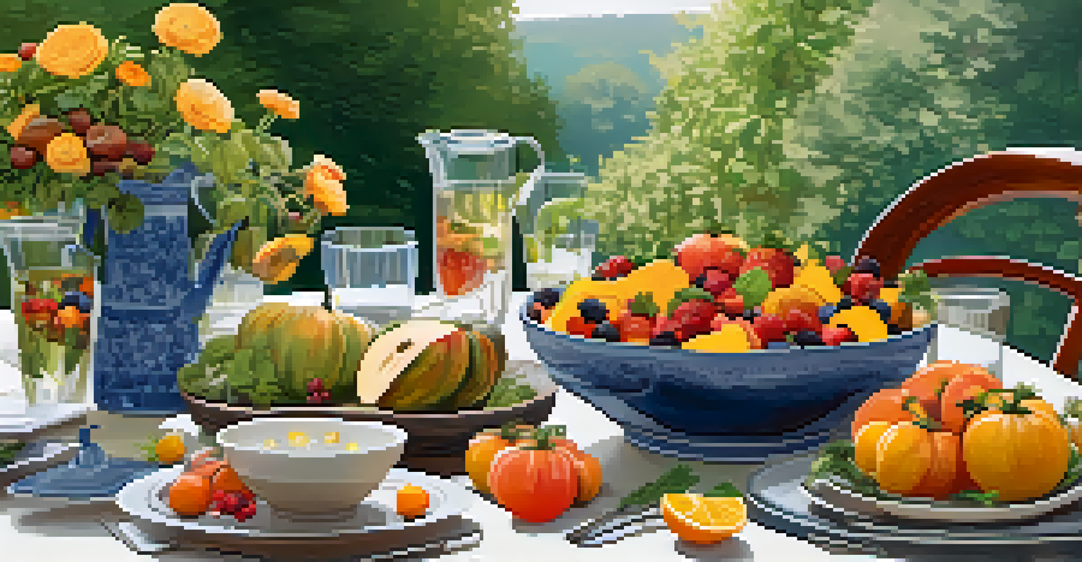 An outdoor dining table set with a colorful seasonal feast, featuring fresh salads and roasted vegetables in a picturesque garden.