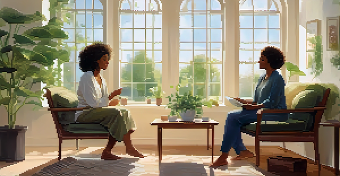 A wellness coach and a young adult engaged in a supportive conversation in a bright, green-filled room with sunlight streaming through the windows.