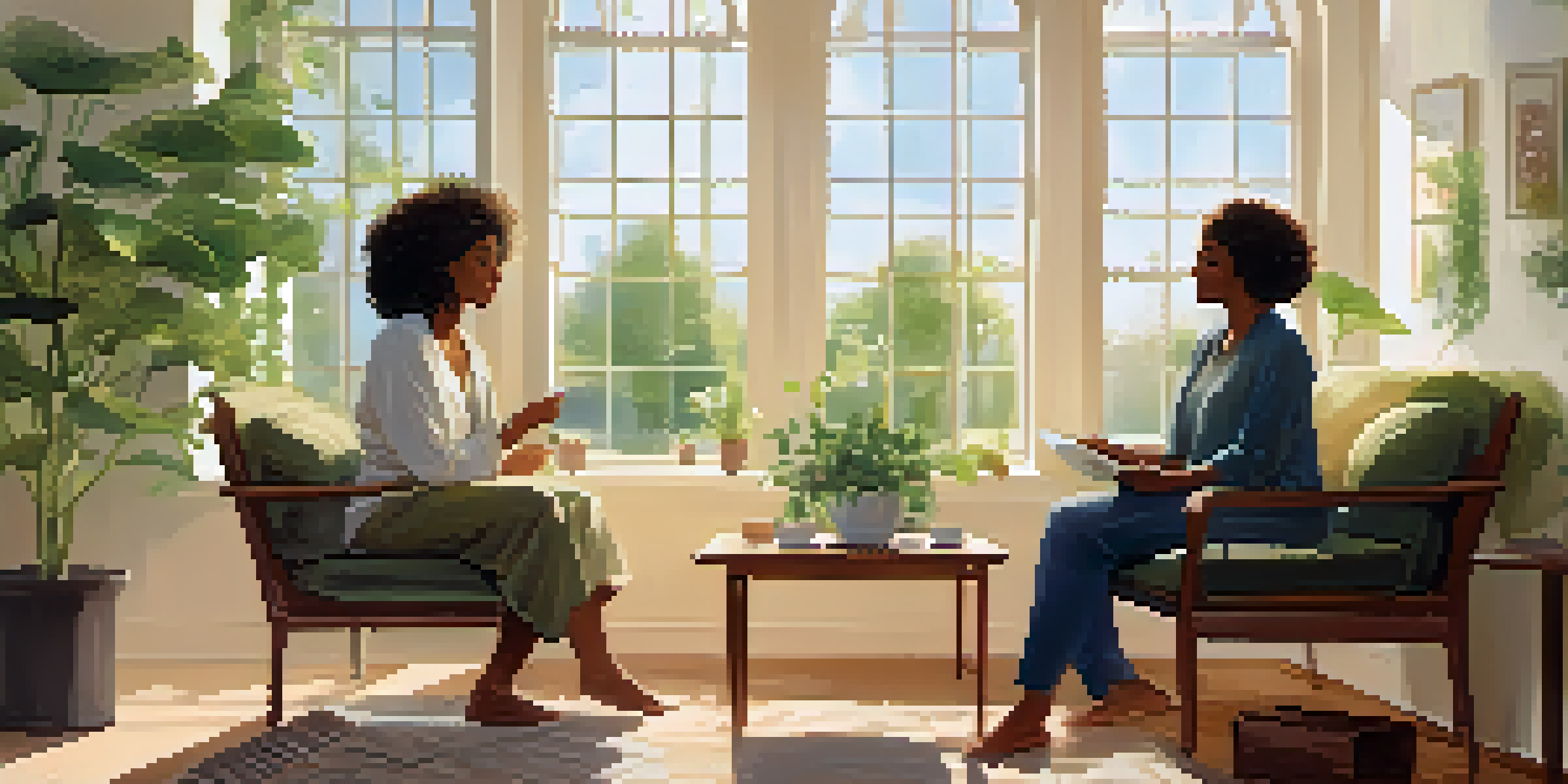 A wellness coach and a young adult engaged in a supportive conversation in a bright, green-filled room with sunlight streaming through the windows.