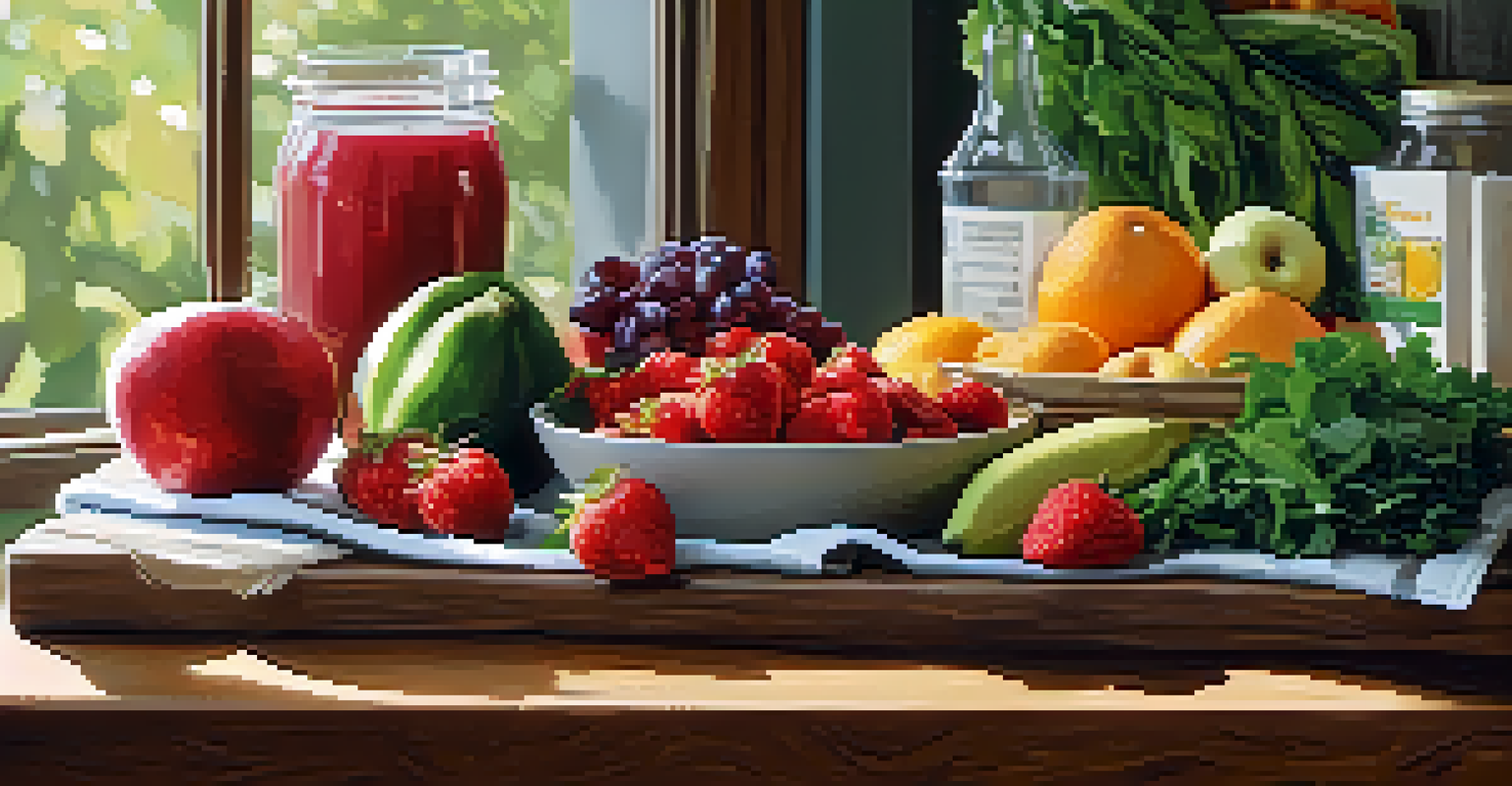 A vibrant arrangement of whole foods including greens, fruits, grains, and proteins on a wooden table.