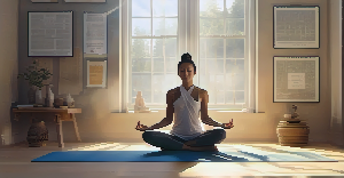 A person meditating on a yoga mat in a bright room filled with inspirational quotes and incense smoke, creating a tranquil atmosphere.
