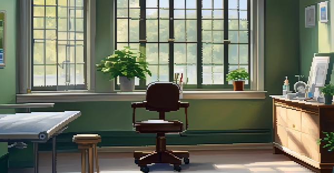 A bright and inviting doctor's office with an examination table and health tools, featuring natural light and a potted plant.