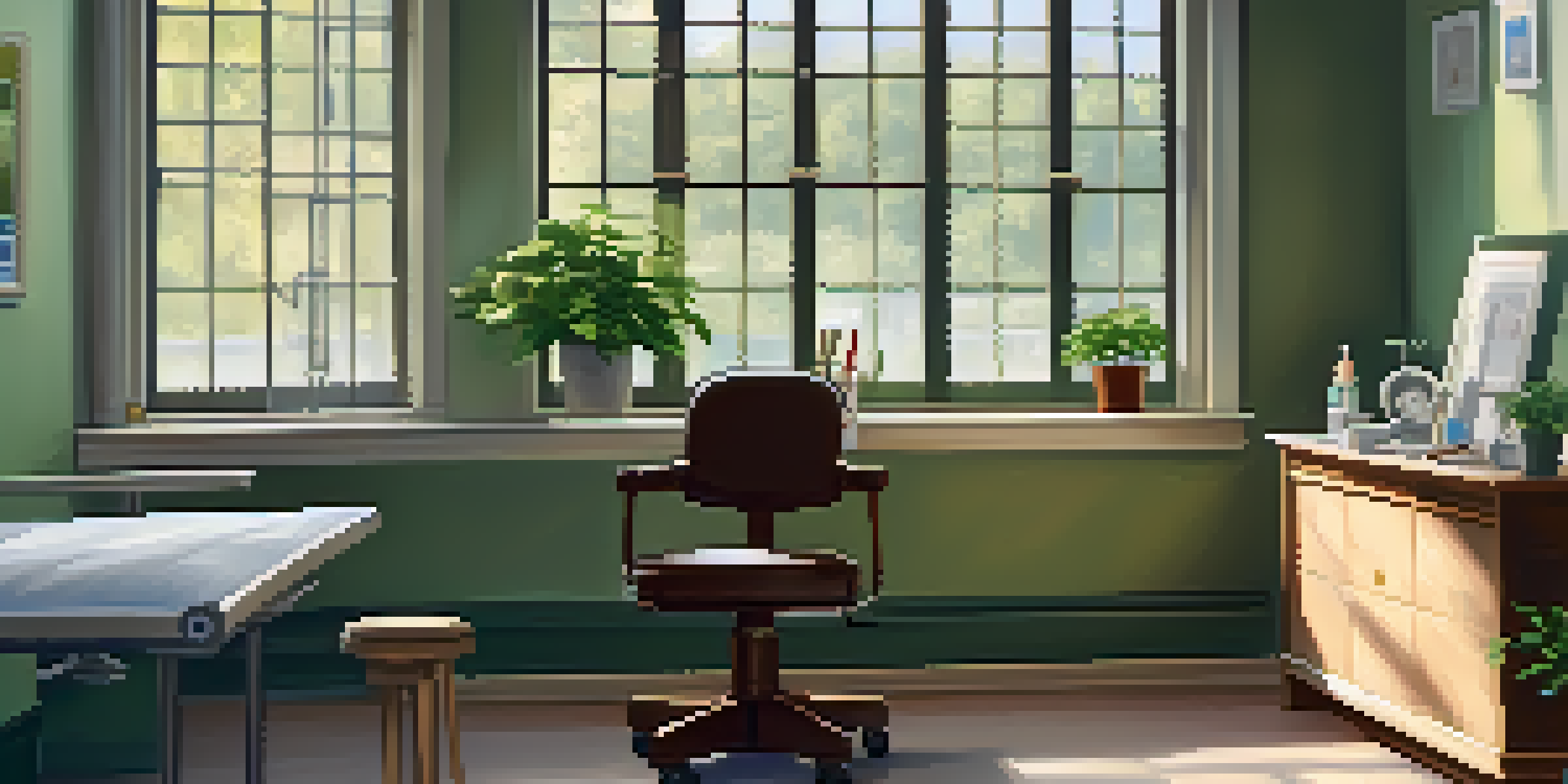 A bright and inviting doctor's office with an examination table and health tools, featuring natural light and a potted plant.