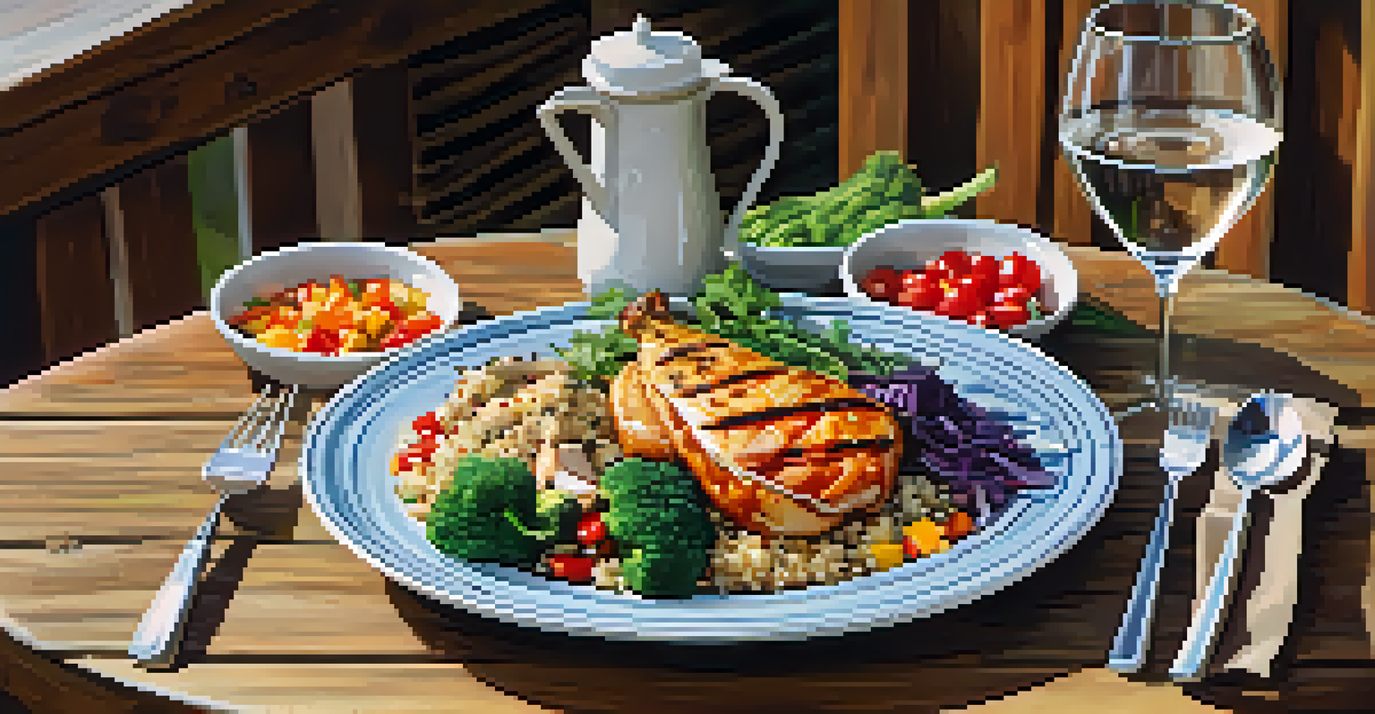 A healthy meal plate with grilled chicken, quinoa, and colorful vegetables on a wooden table, illuminated by natural light.