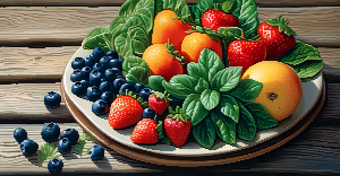 A vibrant display of fresh fruits and vegetables on a wooden table, showcasing their colors and freshness.