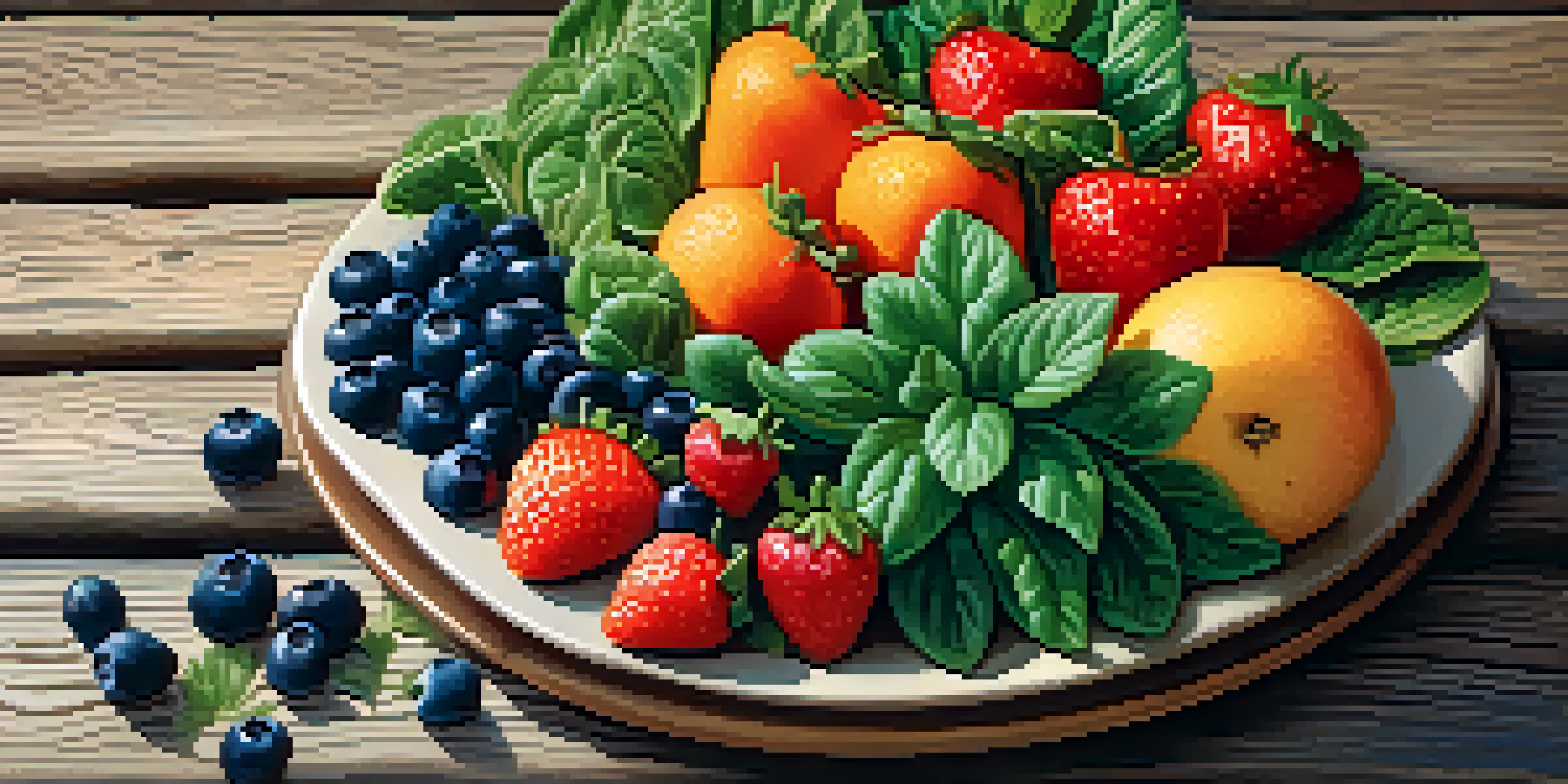 A vibrant display of fresh fruits and vegetables on a wooden table, showcasing their colors and freshness.