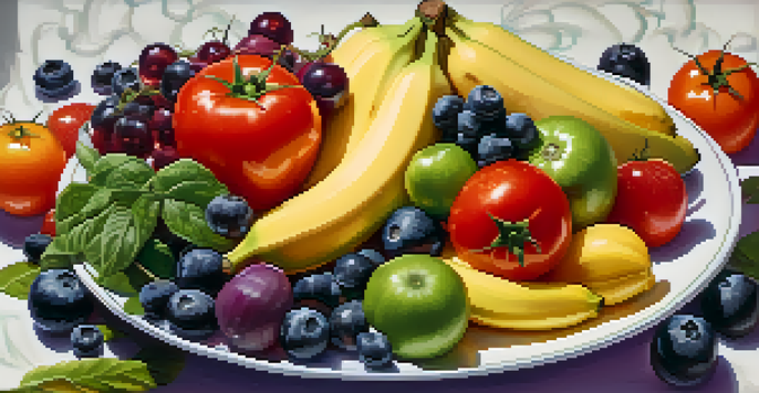 A colorful plate filled with fresh fruits and vegetables, highlighting the variety and freshness of the produce.