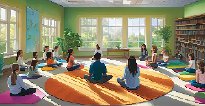 A bright classroom filled with students practicing mindfulness exercises in a circle, led by a calm teacher.