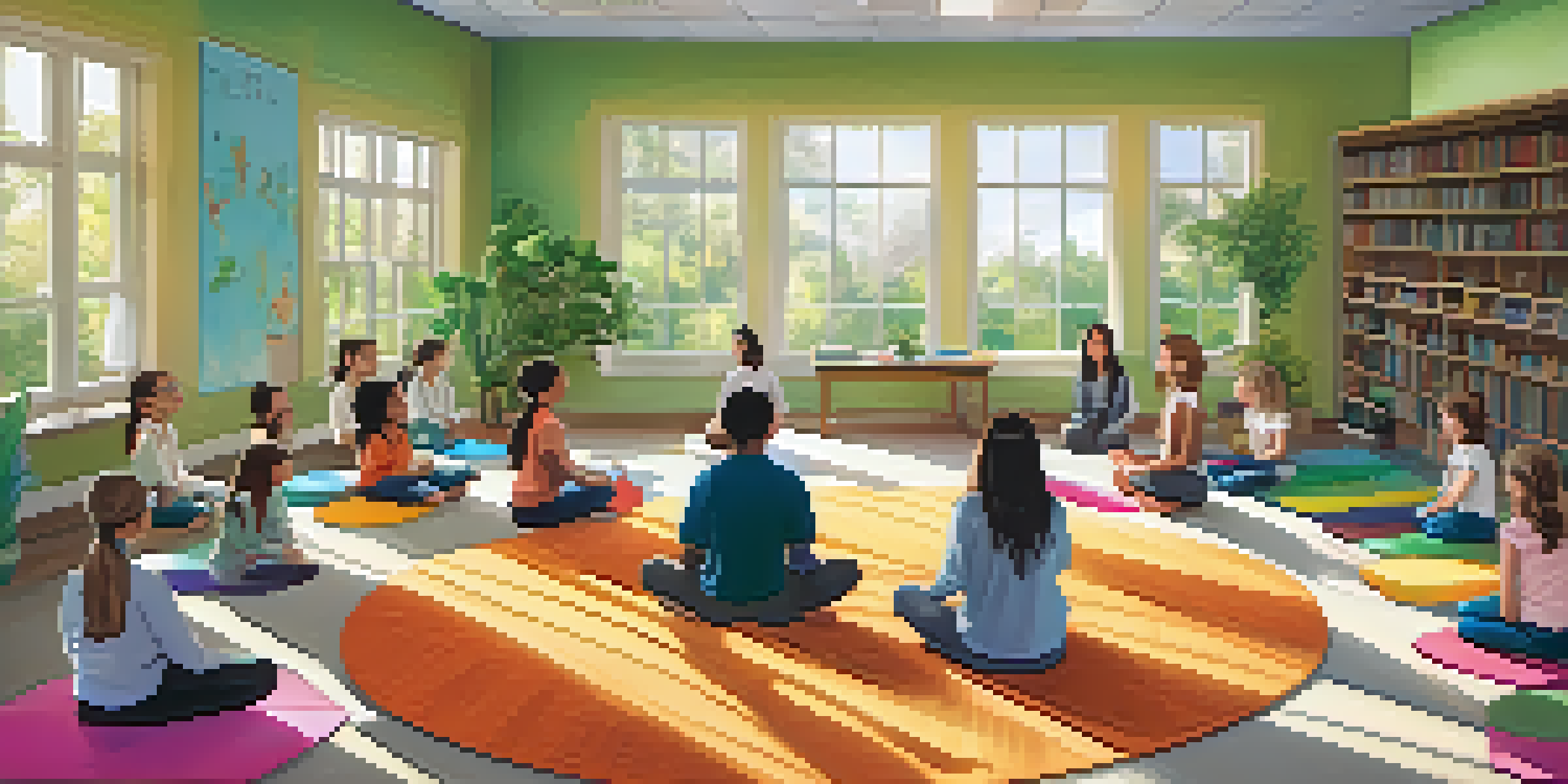 A bright classroom filled with students practicing mindfulness exercises in a circle, led by a calm teacher.