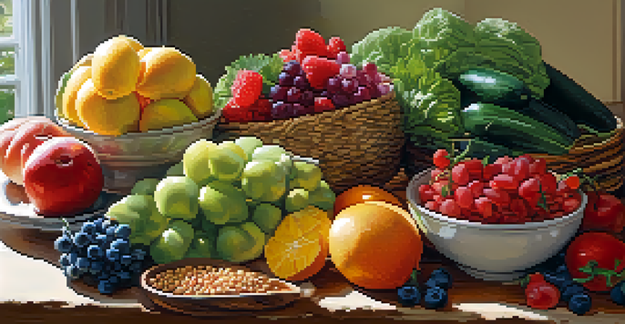 A healthy and colorful balanced meal including fruits, vegetables, whole grains, and lean proteins on a wooden table, illuminated by natural sunlight.