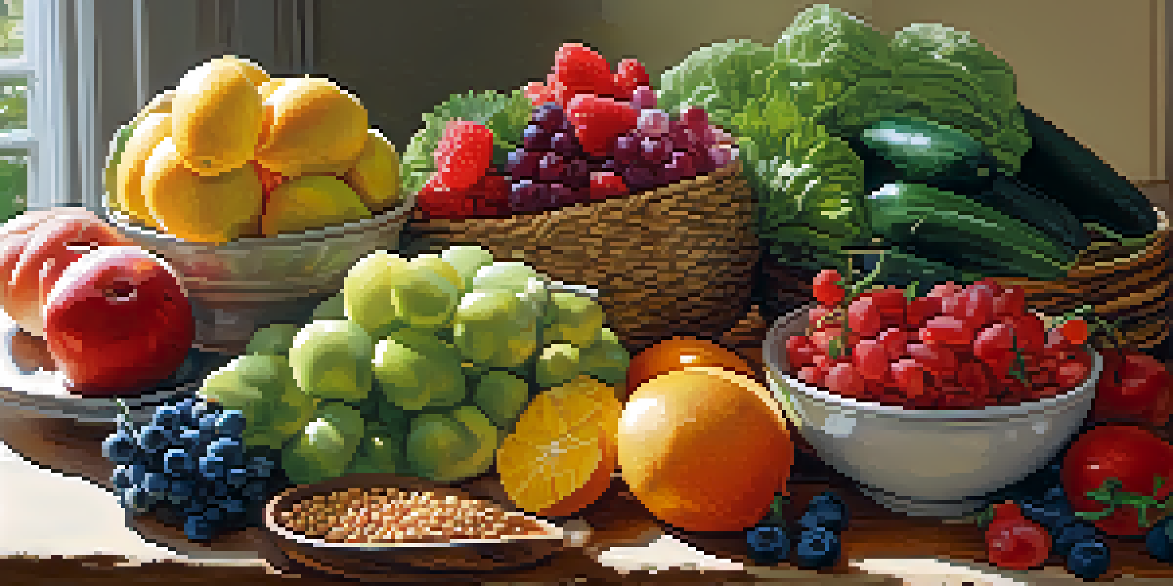 A healthy and colorful balanced meal including fruits, vegetables, whole grains, and lean proteins on a wooden table, illuminated by natural sunlight.