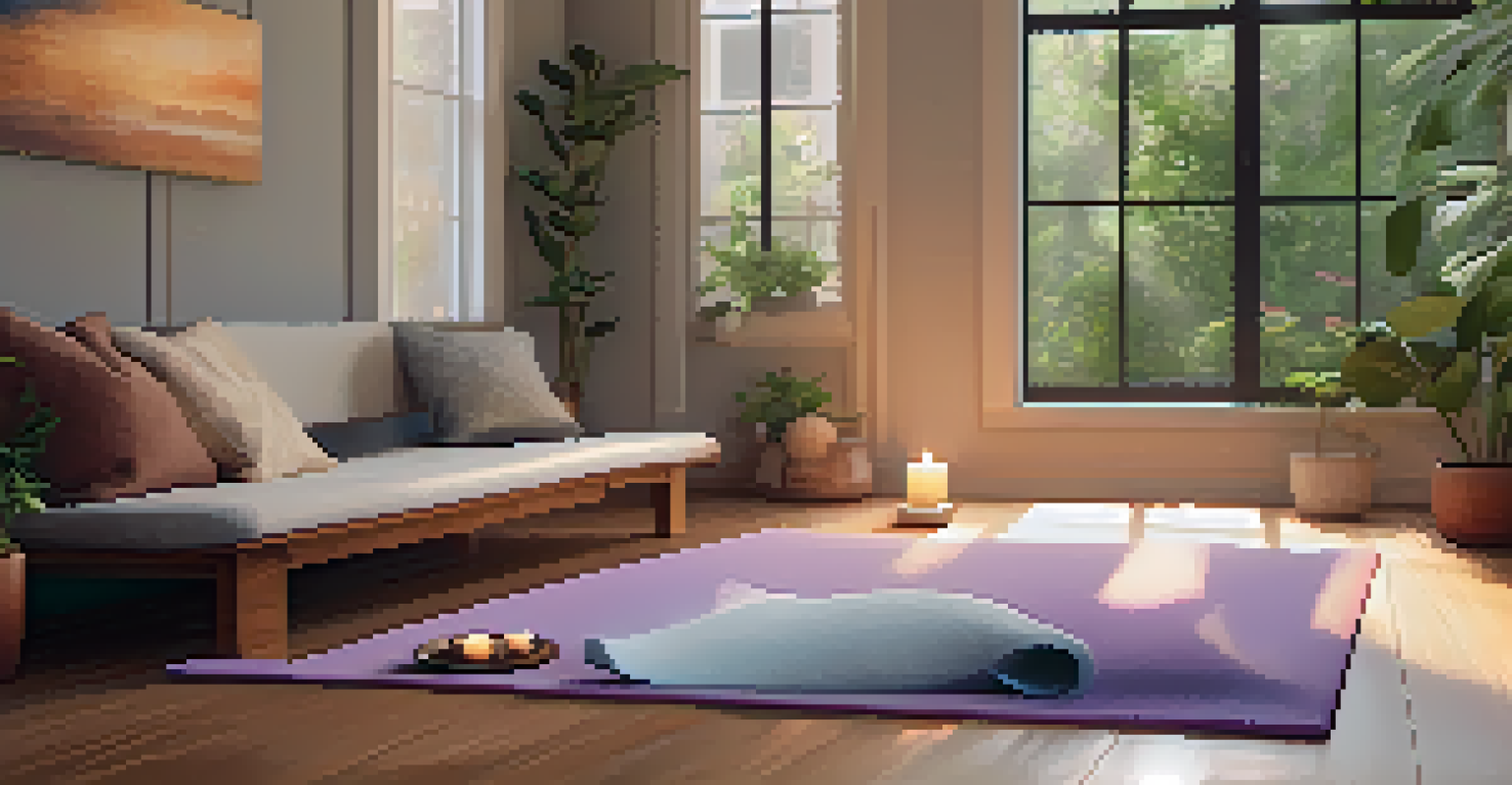 A cozy indoor meditation space with a yoga mat, cushions, a flickering candle, and calming artwork on the walls.