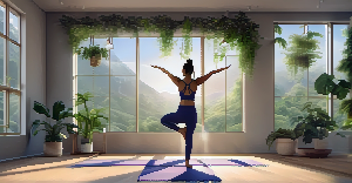 A person practicing Mountain Pose in a bright yoga studio filled with plants and soft lighting.
