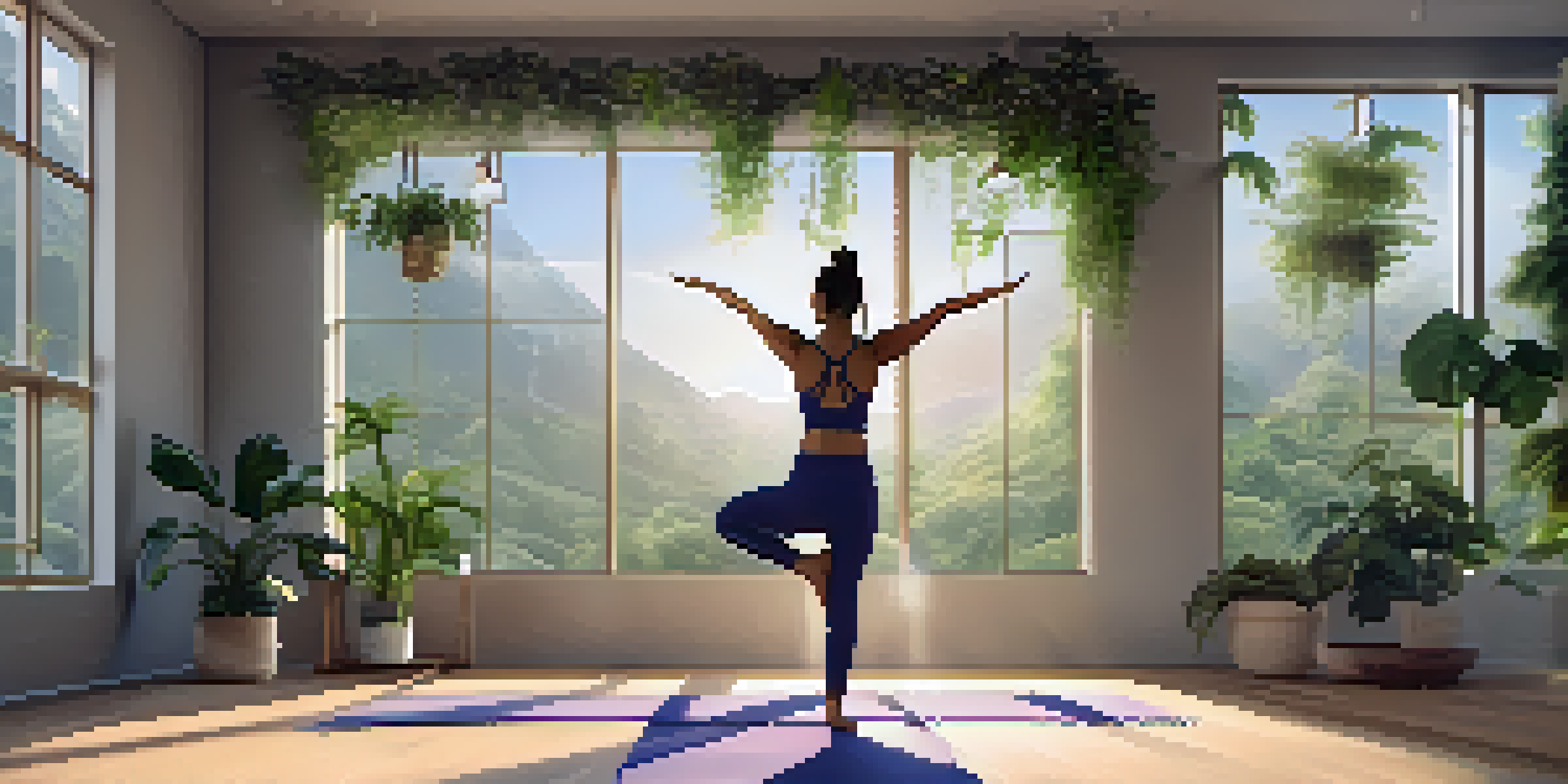 A person practicing Mountain Pose in a bright yoga studio filled with plants and soft lighting.