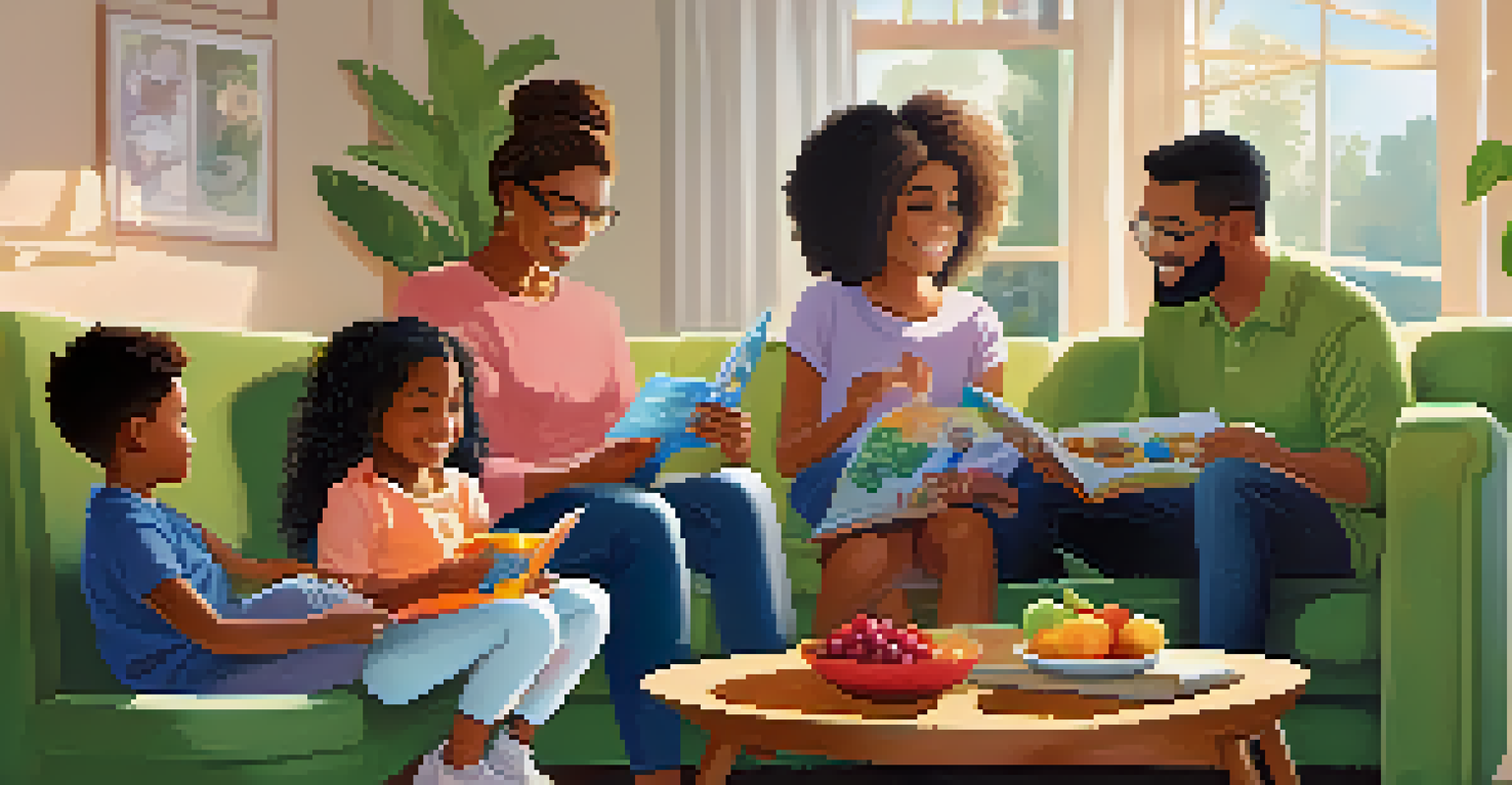 A family discusses healthy habits in a cozy living room, with a parent reading to an engaged child and a fruit bowl on the table.