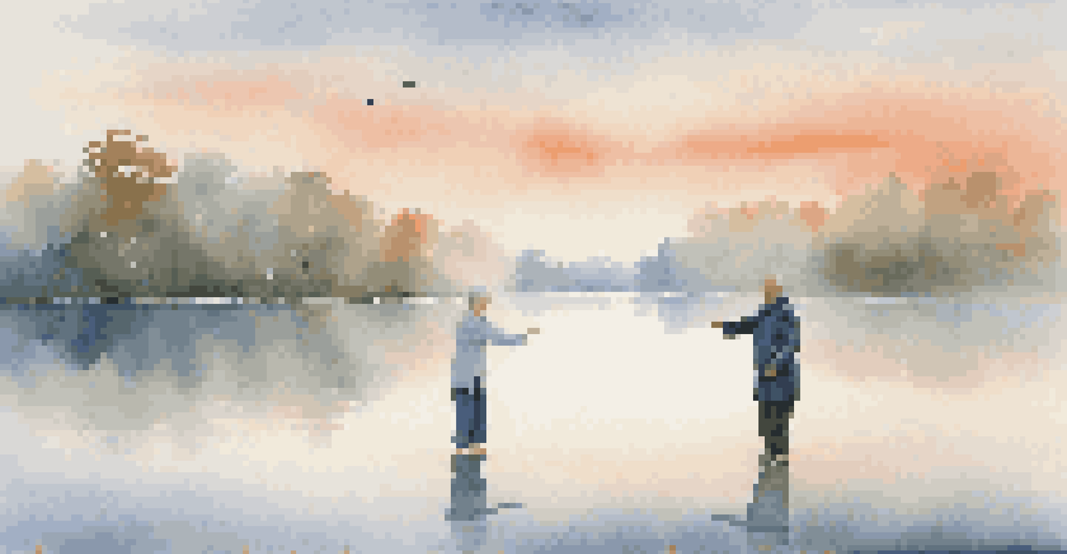 An elderly couple practicing Tai Chi by a peaceful lake at sunrise, with soft colors in the sky reflecting on the water.