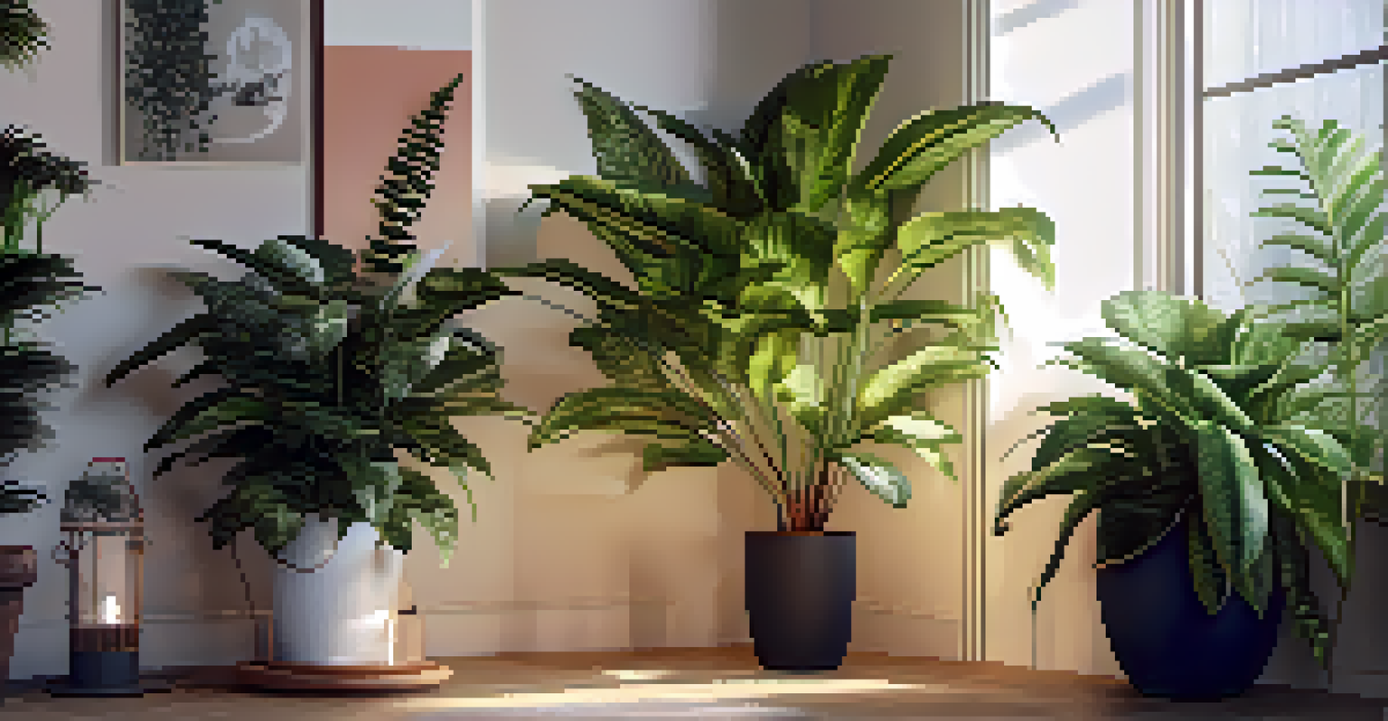 An indoor garden corner with a rubber plant and Boston fern, illuminated by warm lights.