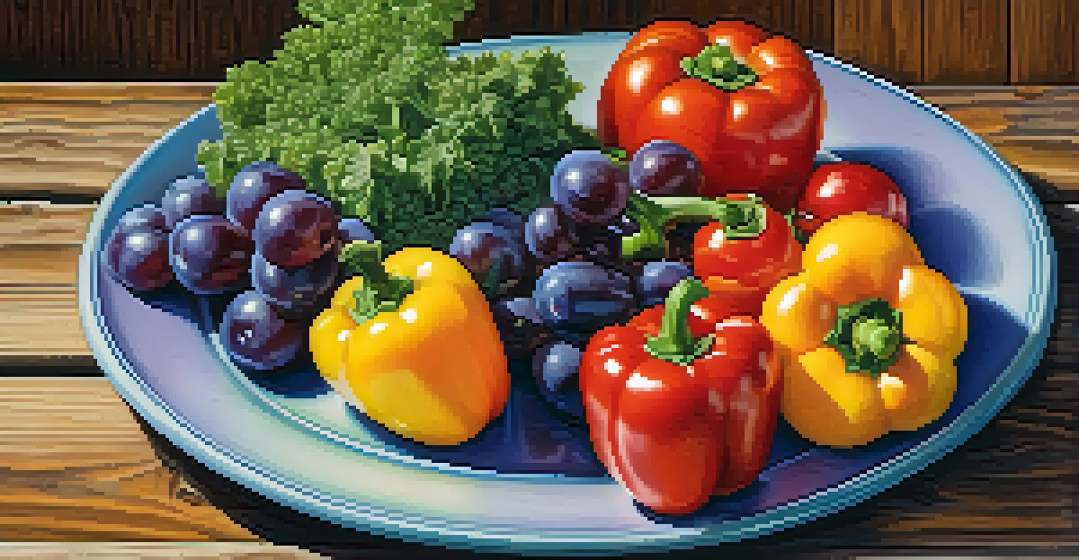A close-up view of a plate filled with colorful fruits and vegetables like bell peppers, tomatoes, kale, and grapes, set against a rustic wooden background.