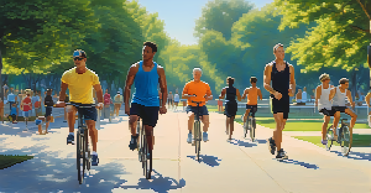 A group of diverse men participating in outdoor physical activities in a vibrant park setting.