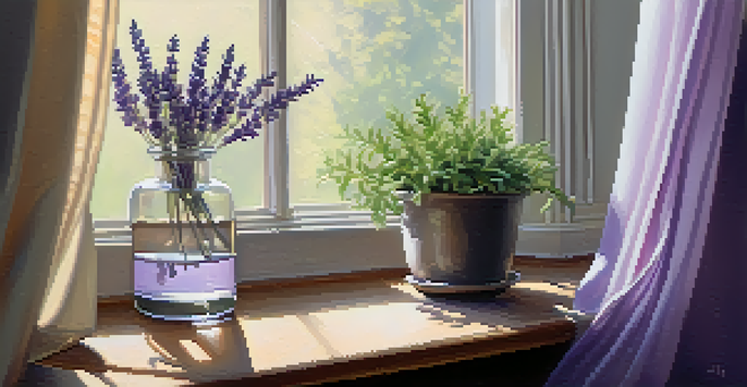 A cozy corner of a home with a diffuser releasing lavender mist, sunlight filtering through curtains, and a plant on the table.