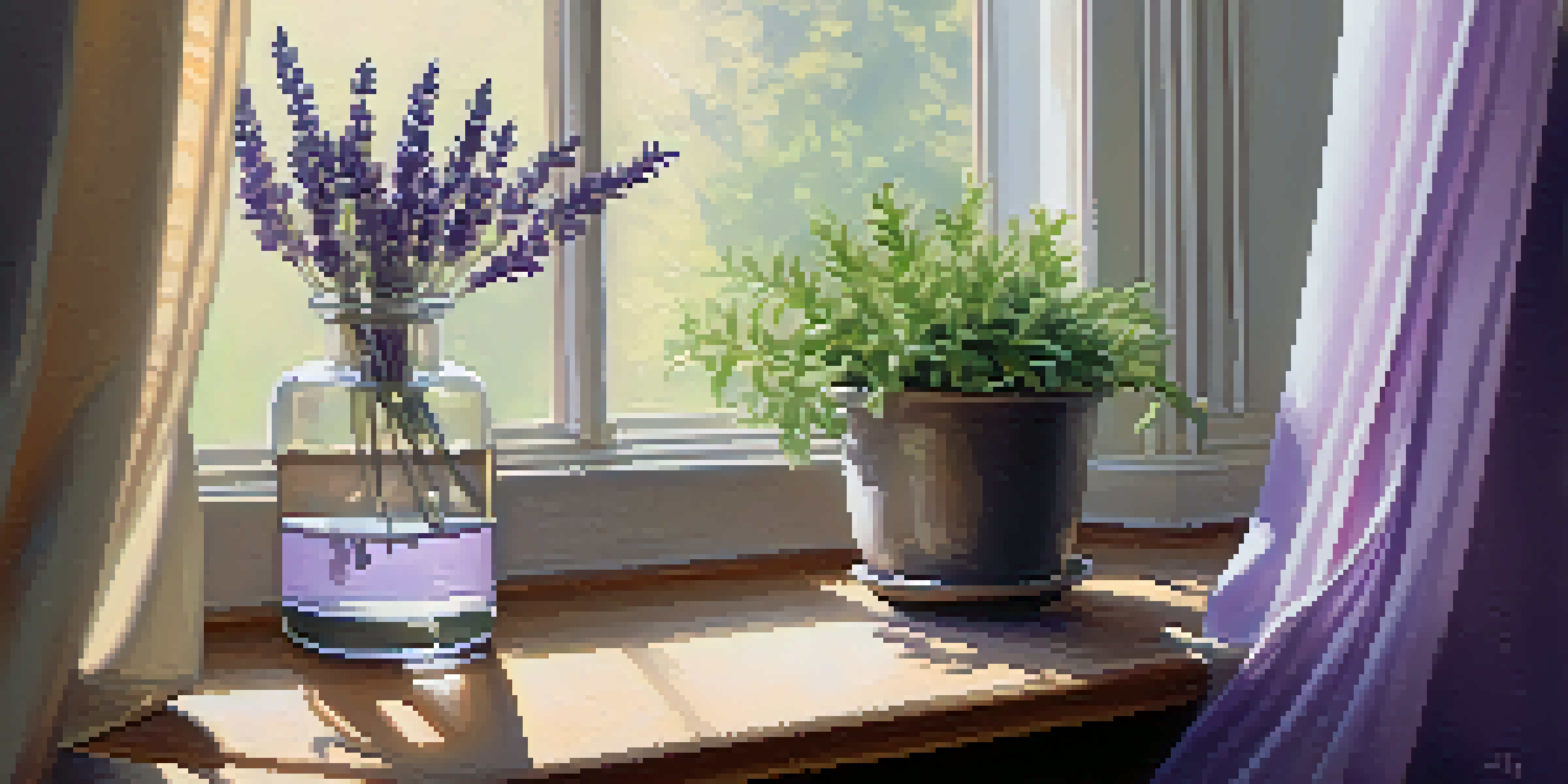 A cozy corner of a home with a diffuser releasing lavender mist, sunlight filtering through curtains, and a plant on the table.
