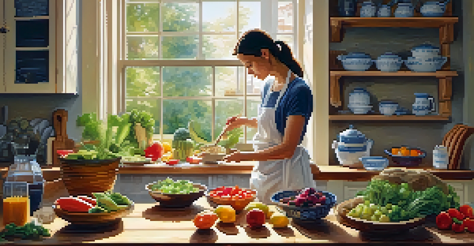 A person preparing a healthy meal in a cozy kitchen with fresh vegetables and fruits.