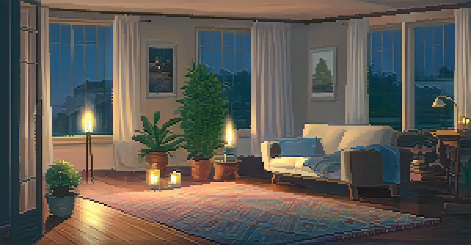 A person doing gentle yoga in a cozy, candle-lit living room, creating a relaxing evening atmosphere.