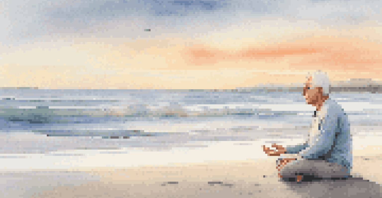 An elderly person doing yoga on a serene beach during sunrise, with soft colors and gentle waves.